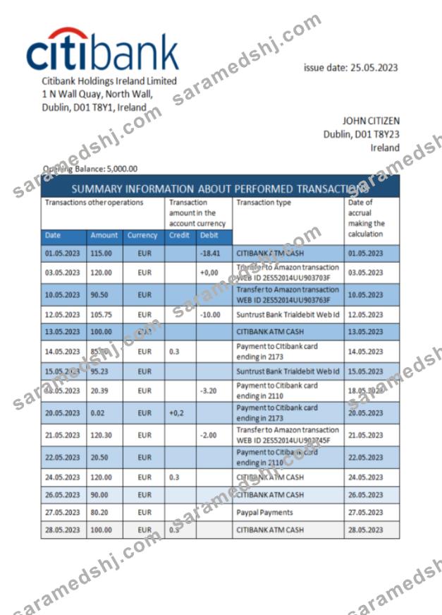 Ireland Citibank bank statement Word and PDF template